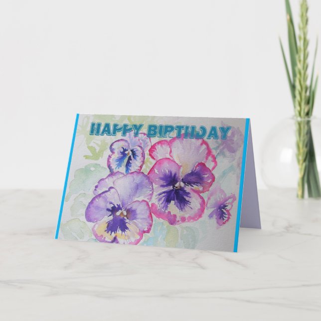 Perfect Pink Pansies Watercolour art Birthday Card (Front)