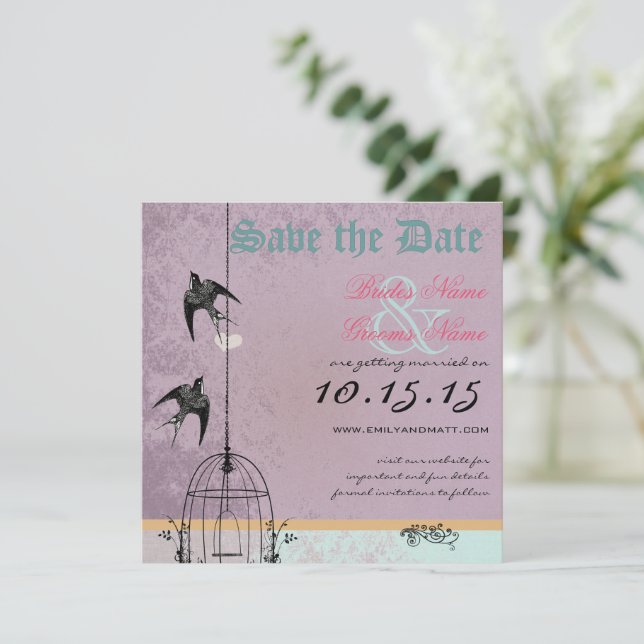 Perfect Plum Damask Bird Cage Save the Date (Standing Front)