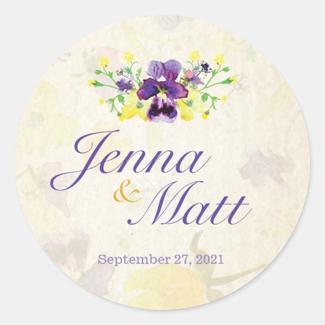 Perfect Purple Pansies Custom Wedding Stickers (Front)