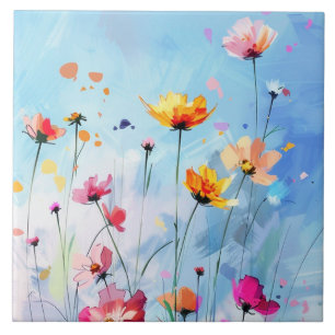 Perfect summer day, sunny sky and blooming flowers ceramic tile