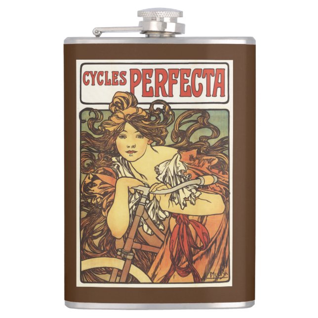 Perfecta Bicycles with Woman Advertisement Poste Hip Flask (Front)