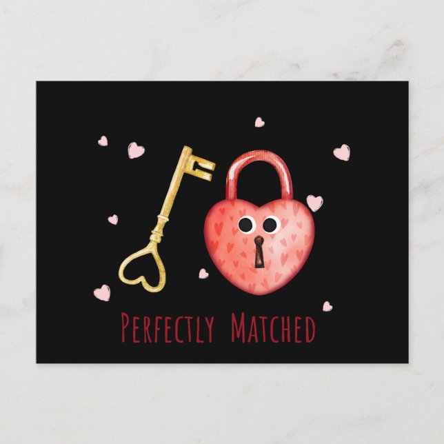 Perfectly Matched Funny Key and Lock Valentine's Holiday Postcard (Front)