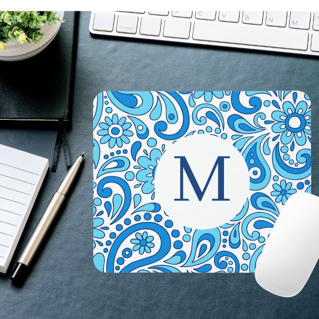 Perfectly Paisley Blue Monogram  Mouse Pad (Creator Uploaded)
