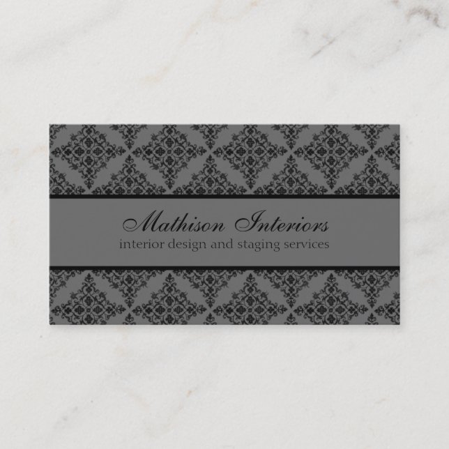 Perfectly Polished Damask Business Card, Grey Business Card (Front)