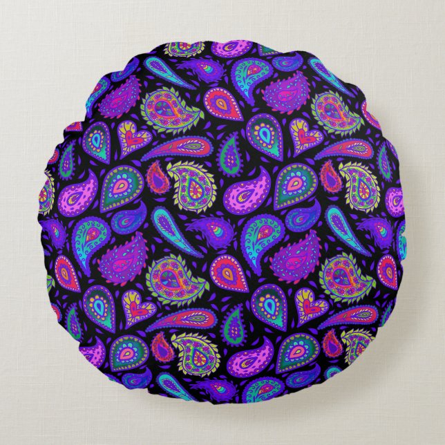Perfectly Pretty Purple Paisley on Black Round Cushion (Front)