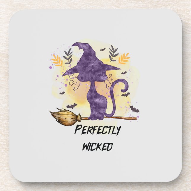 Perfectly Wicked – Purple Witch Cat Silhouette Coaster (Front)