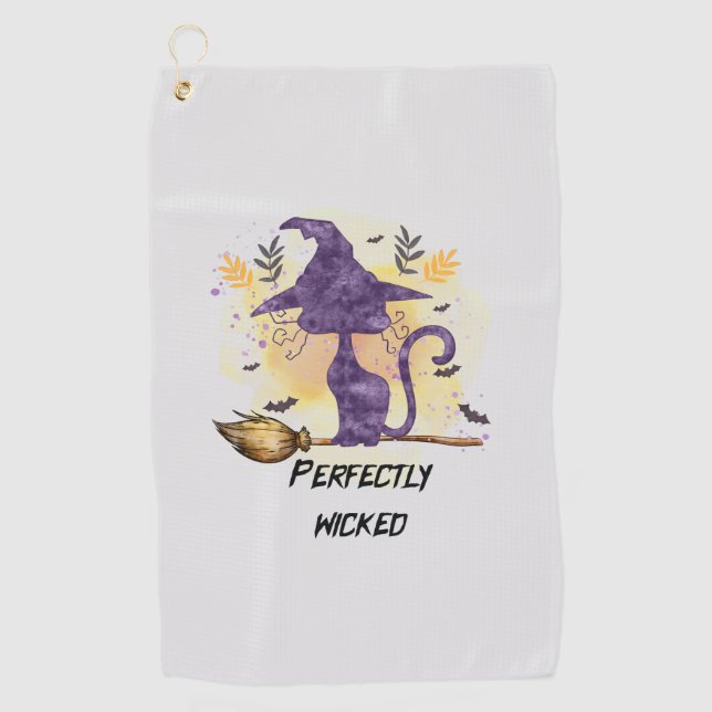 Perfectly Wicked – Purple Witch Cat Silhouette Golf Towel (Front)