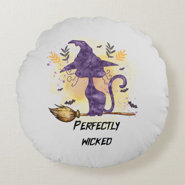 Perfectly Wicked – Purple Witch Cat Silhouette Round Cushion (Front)