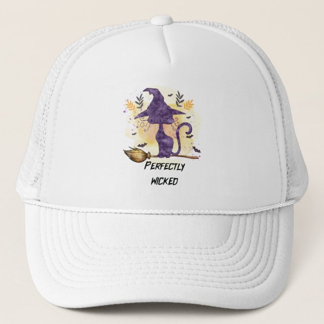 Perfectly Wicked – Purple Witch Cat Silhouette Trucker Hat (Front)