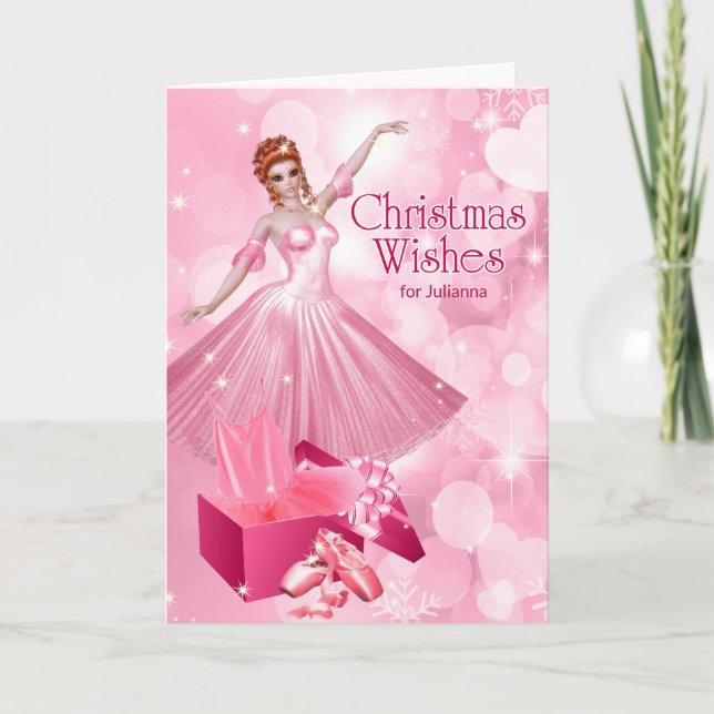 Performing Arts Ballerina Pink Christmas with Name Holiday Card (Front)