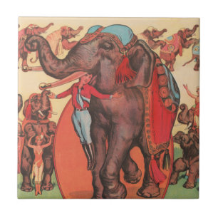 Performing Elephants With Women And Trainer. Ceramic Tile
