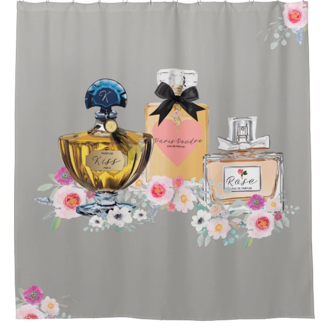 Perfume Art, Floral and Gray Shower Curtain (Front)