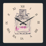 Perfume bottle fashion illustration pop art square wall clock<br><div class="desc">A fashion stylish illustration clock from an original artwork by artist Sacha Grossel of a pink perfume vintage perfume bottle. This watercolour illustration of a luxury brand perfume is in pop art style and the background colour is customisable.</div>