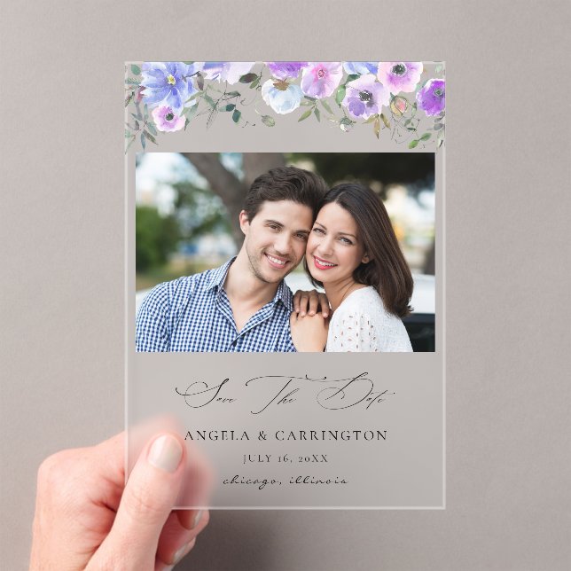 Peri & Purple Floral Save the Date Photo Acrylic Invitations (Insitu (Handheld))