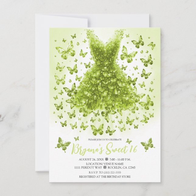 Peridot Crystal Butterfly Dress August Birthstone Invitation (Front)