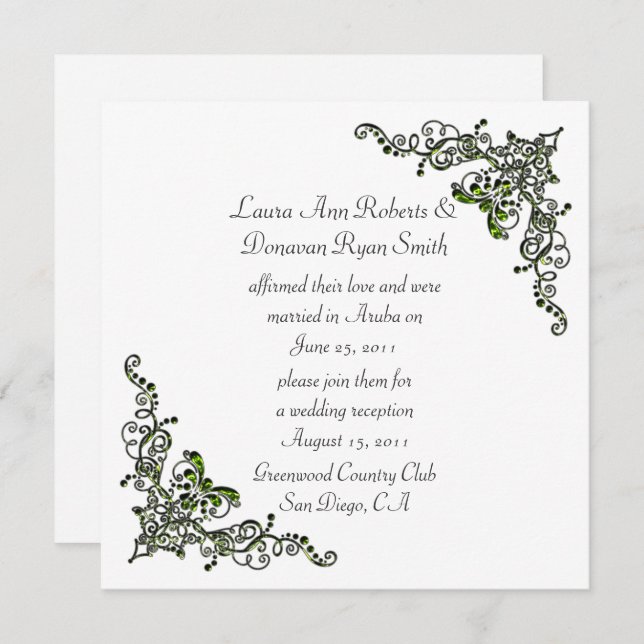 Peridot Green Jewelled Swirls on Silver Background Invitation (Front/Back)