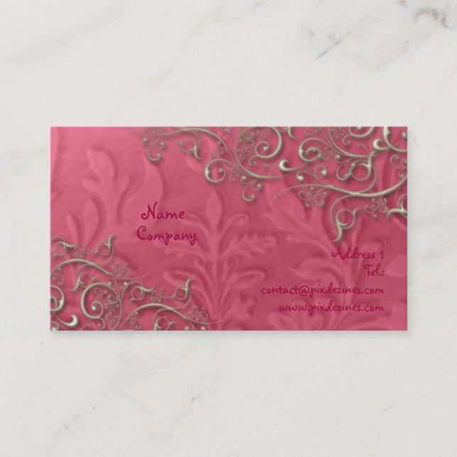 Peridot  raspberry + rustic silver swirls business card (Front)