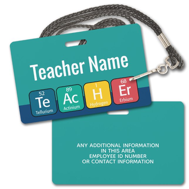 Periodic Table Elements Spelling Teacher ID Badge (Visitor Badge for a School or other institution. Customize with the business name and other info.)