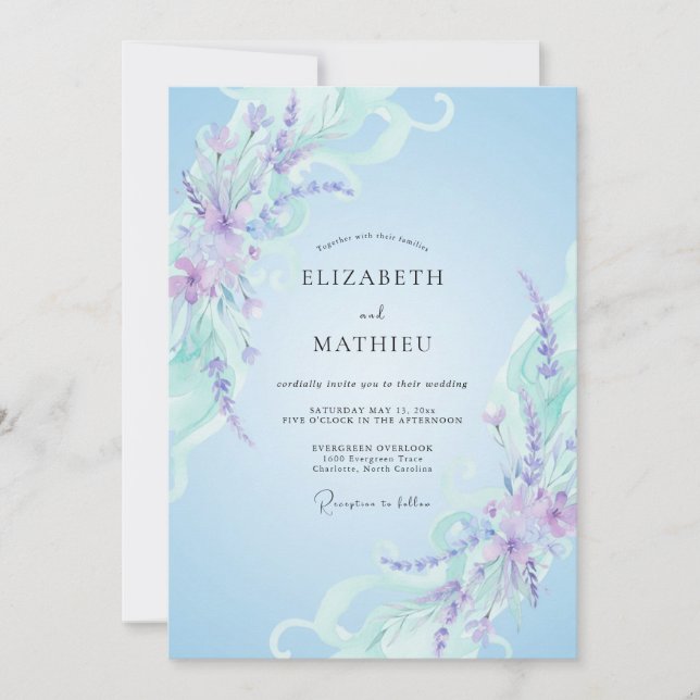 Periwinkle Amethyst Sprig Eucalyptus Wedding Invitation (Front)