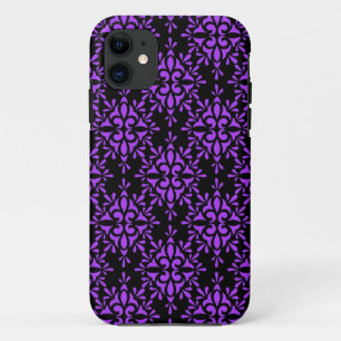 Periwinkle and Black Damask Pattern iPhone 11 Case