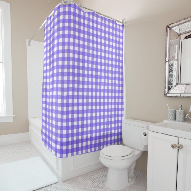 Periwinkle and white gingham shower curtain (In Situ)