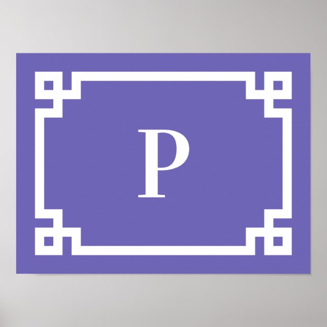 Periwinkle and White Greek Key Border Monogram Poster (Front)