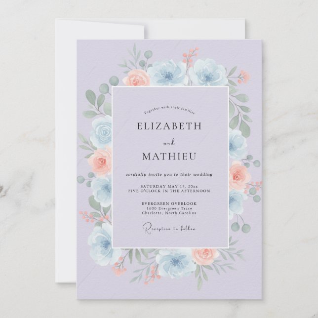 Periwinkle Apricot Peony Wedding Invitation (Front)