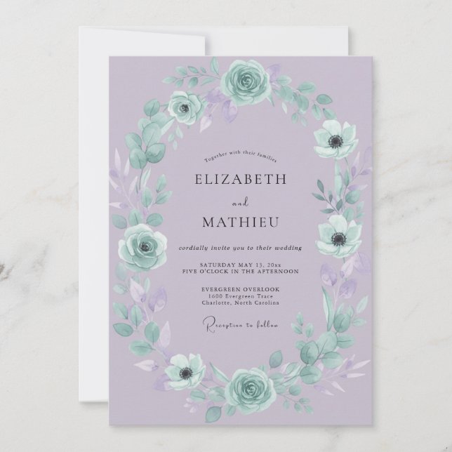 Periwinkle Aqua Wreath Wedding Invitation (Front)