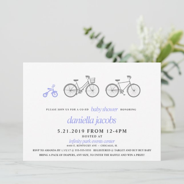 Periwinkle Bicycle Baby Shower Invitation (Standing Front)