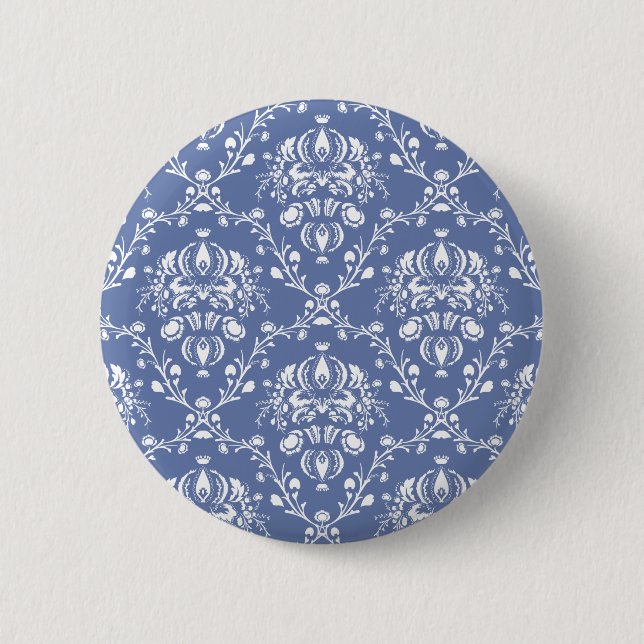 Periwinkle Blue and White Damask 6 Cm Round Badge (Front)