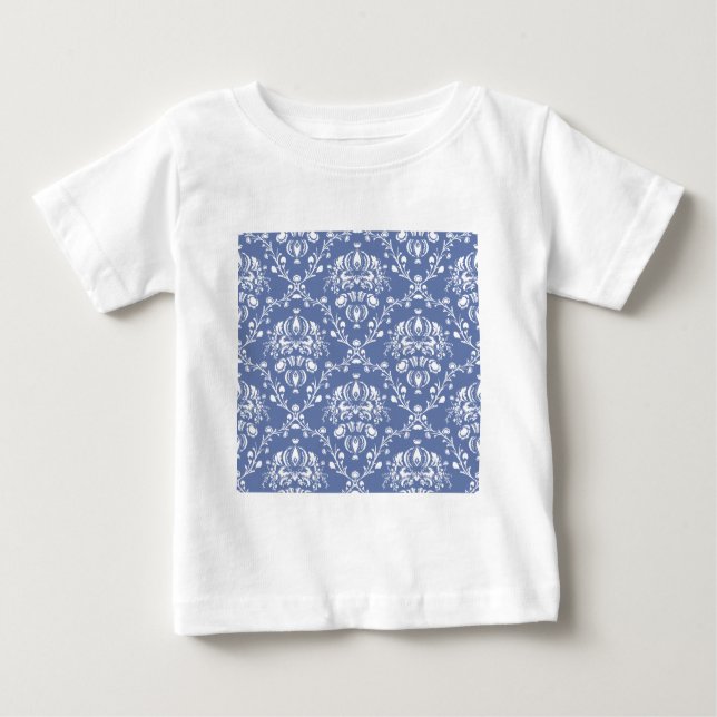 Periwinkle Blue and White Damask Baby T-Shirt (Front)