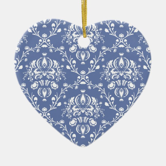 Periwinkle Blue and White Damask Ceramic Ornament (Front)