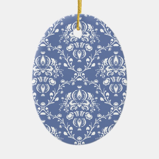 Periwinkle Blue and White Damask Ceramic Ornament (Front)
