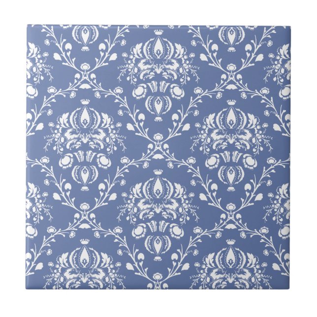Periwinkle Blue and White Damask Ceramic Tile (Front)