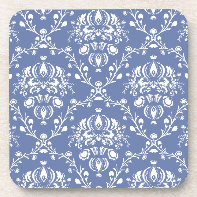 Periwinkle Blue and White Damask Coaster (Front)