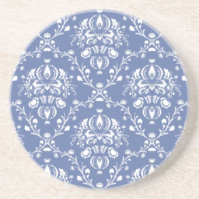 Periwinkle Blue and White Damask Coaster (Front)