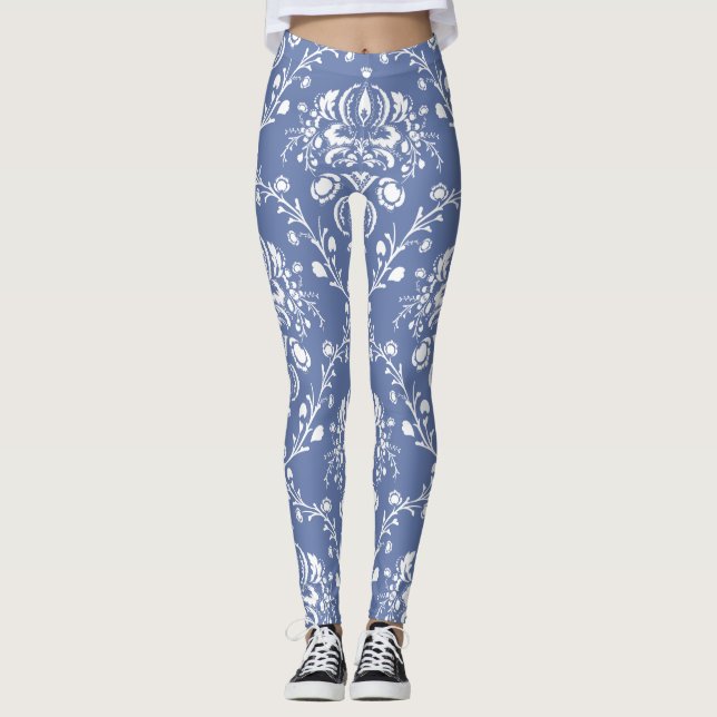 Periwinkle Blue and White Damask Leggings (Front)