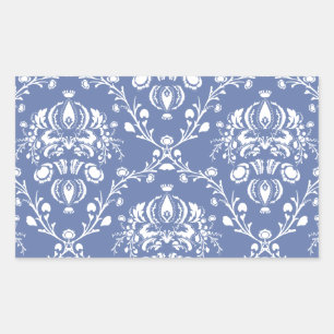 Periwinkle Blue and White Damask Rectangular Sticker