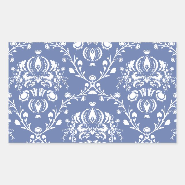 Periwinkle Blue and White Damask Rectangular Sticker (Front)