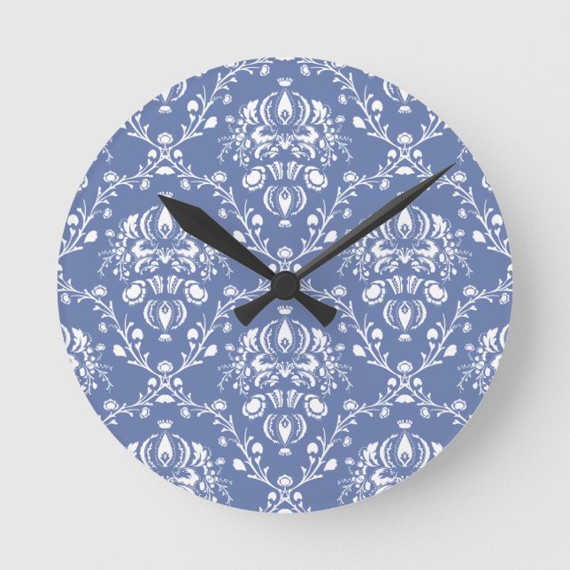Periwinkle Blue and White Damask Round Clock (Front)