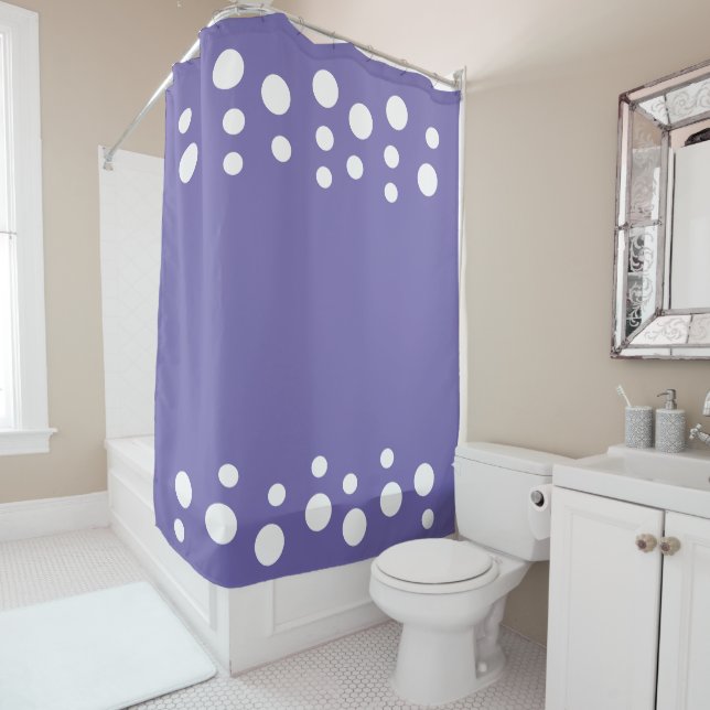 Periwinkle blue and white Modern Bubbles Dots Shower Curtain (In Situ)