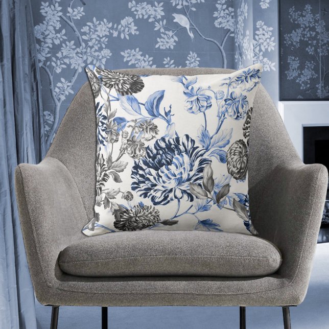 Periwinkle Blue Black White Botanical Floral Toile Cushion (Creator Uploaded)