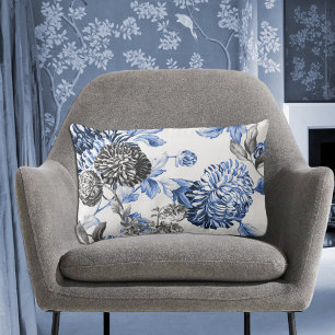 Periwinkle Blue Black & White Botanical Toile Lumbar Cushion