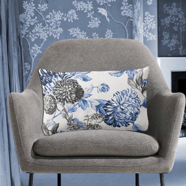Periwinkle Blue Black & White Botanical Toile Lumbar Cushion (Creator Uploaded)