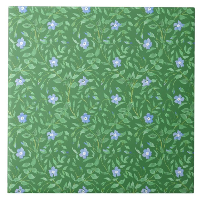 Periwinkle Blue Dark Green Country-style Floral Ceramic Tile (Front)