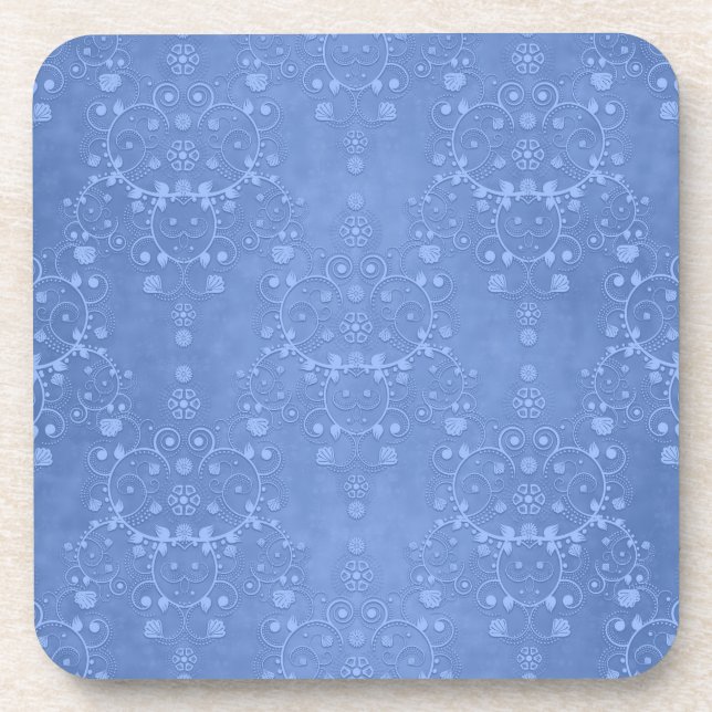 Periwinkle Blue Fancy Floral Damask Pattern Coaster (Front)