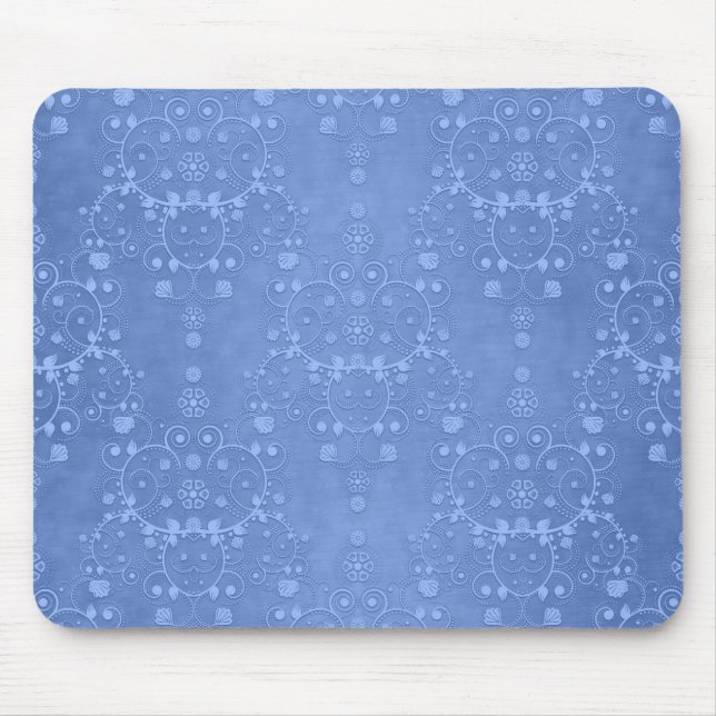 Periwinkle Blue Fancy Floral Damask Pattern Mouse Pad (Front)