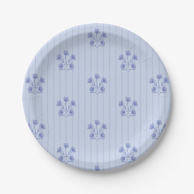 Periwinkle Blue Farm House Flower Stripes Paper Plate (Front)