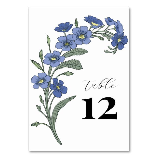 Periwinkle Blue Floral Modern Wedding Table Number (Front)