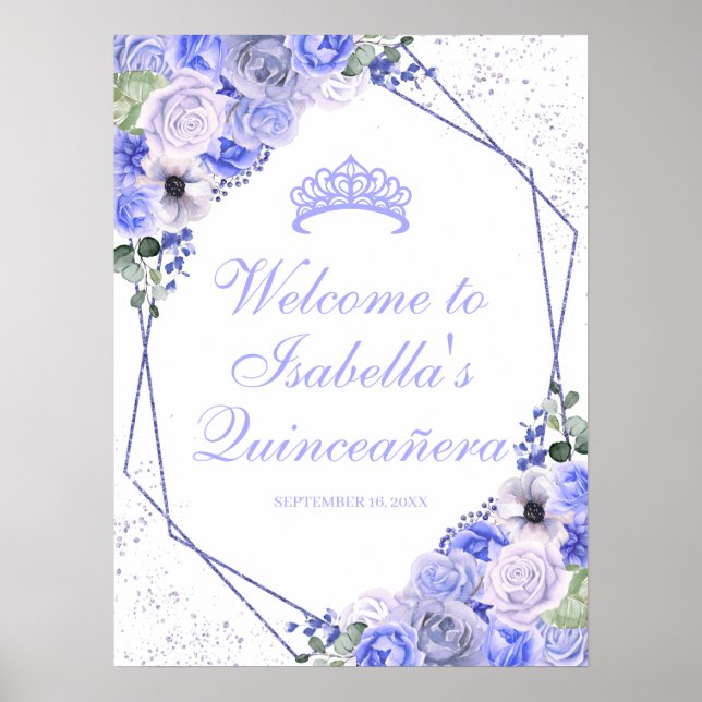Periwinkle Blue Floral Quinceanera Welcome Sign (Front)